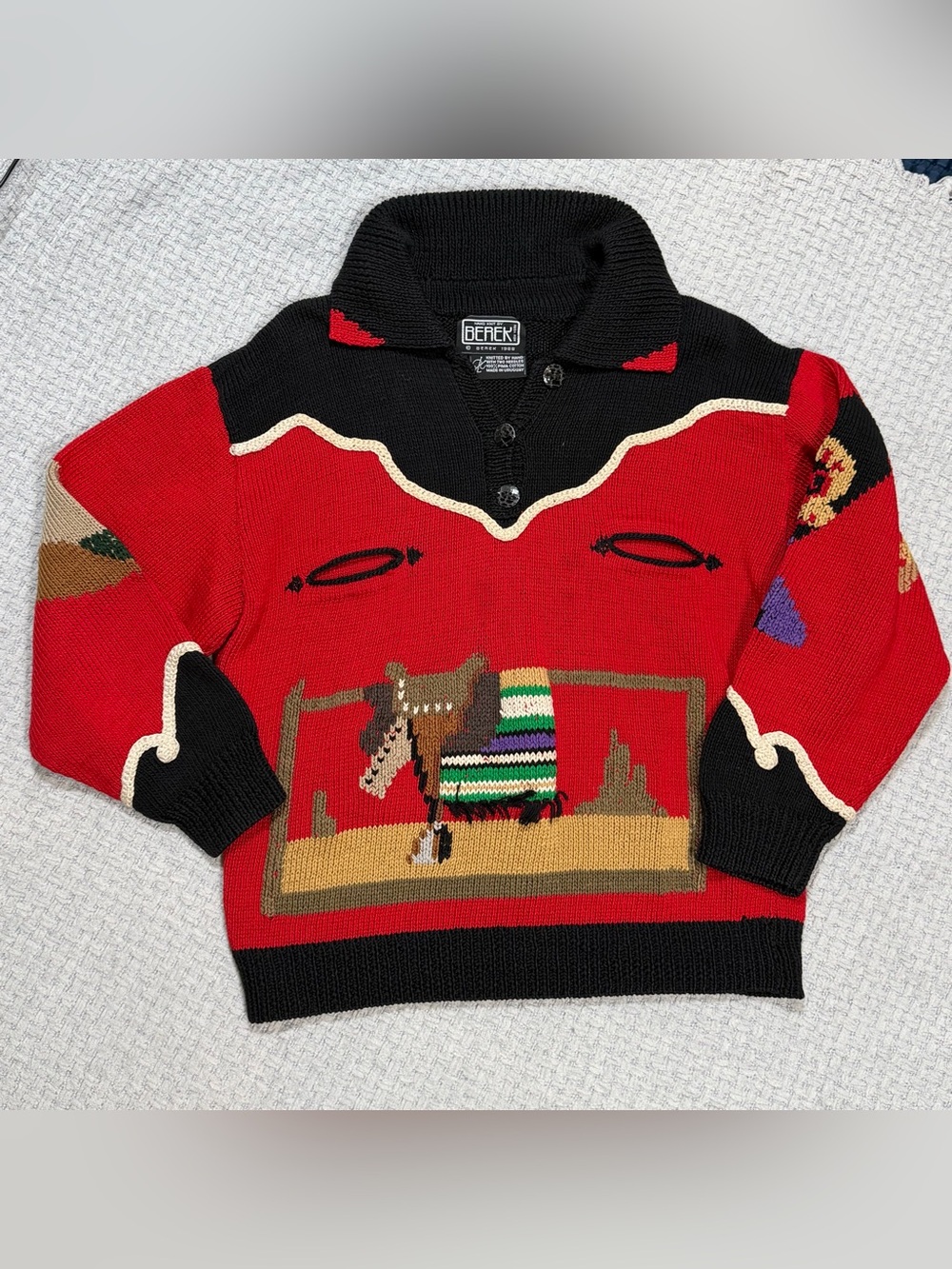 Vintage 80’s Berek Label Cowboy Rodeo Western Hand Knit Sweater Red Black Medium - Picture 10 of 15